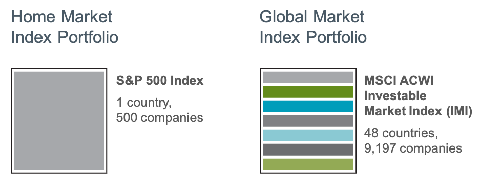 Image showing Home Market Portfolio vs a Global Market Portfolio. S&P500 vs MSCI ACWI Investable.